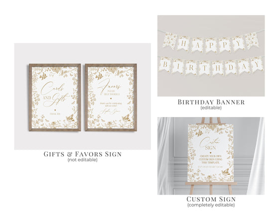 Gold Toile De Jouy First Birthday Bundle Printable Template, Vintage Gold Chinoiserie 1st Birthday for French Country Regency Party Decor