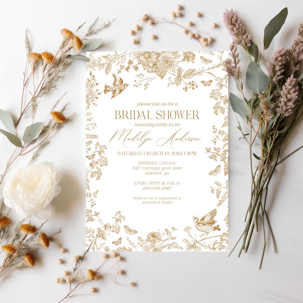 Gold Toile Bridal Shower Invitation Printable Template, Vintage Gold Chinoiserie Bridal Shower Decor Ornate French Country Party Decor