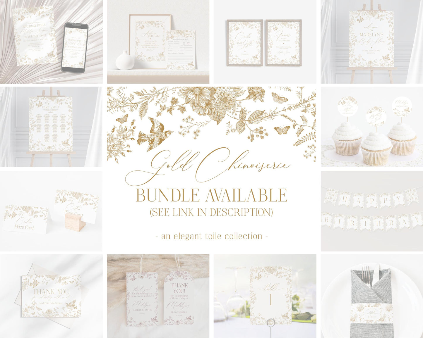 Gold Toile Bridal Shower Invitation Printable Template, Vintage Gold Chinoiserie Bridal Shower Decor Ornate French Country Party Decor