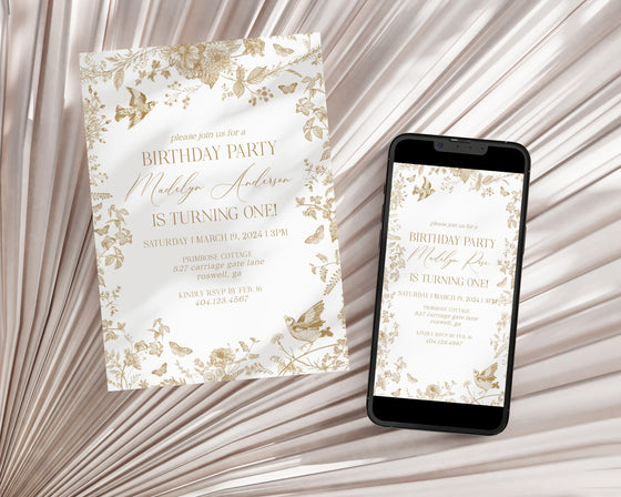 Gold Toile De Jouy Birthday Invitation Printable Template, Vintage Gold Chinoiserie Birthday Party for French Country Regency Party Decor