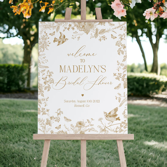 Gold Toile De Jouy Bridal Shower Welcome Sign Printable Template, Vintage Gold Chinoiserie Bridal Brunch Decor Ornate French Country Party