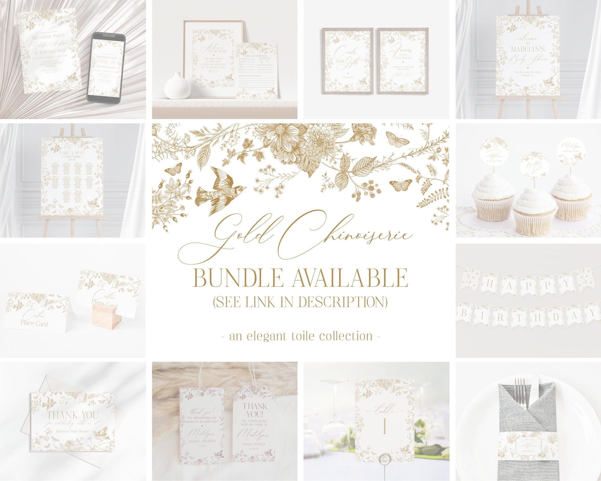 Gold Toile De Jouy Birthday Party Welcome Sign Printable Template, Vintage Gold Chinoiserie Birthday Party for French Country Regency Party