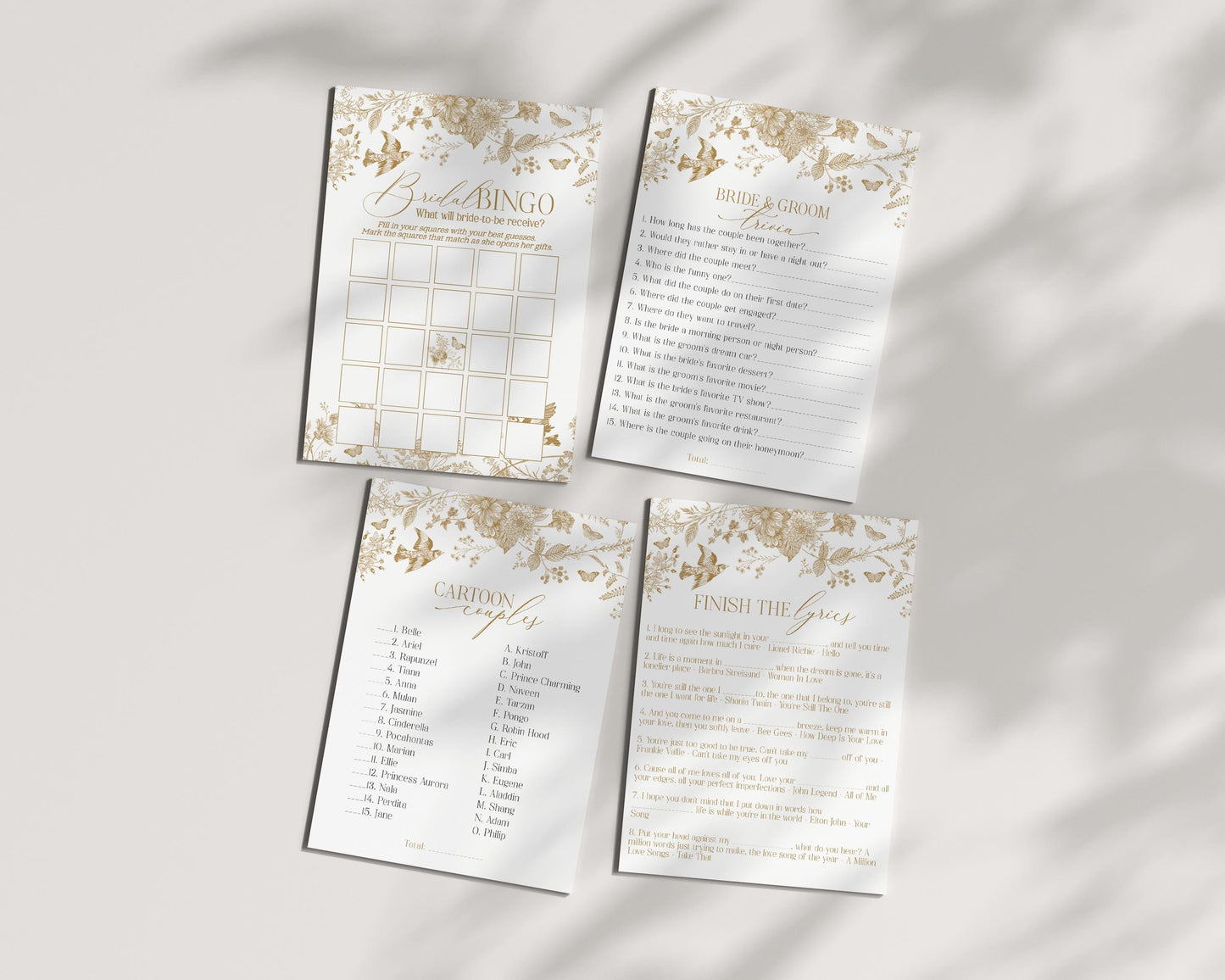 Gold Toile De Jouy Bridal Shower Games Set Printable Template, Vintage Gold Chinoiserie Bridal Brunch Decor Ornate French Country Party