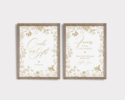 Gold Toile De Jouy Cards & Gifts and Favors Sign Printable Template, Vintage Gold Chinoiserie Wedding Decor Ornate French Country Party