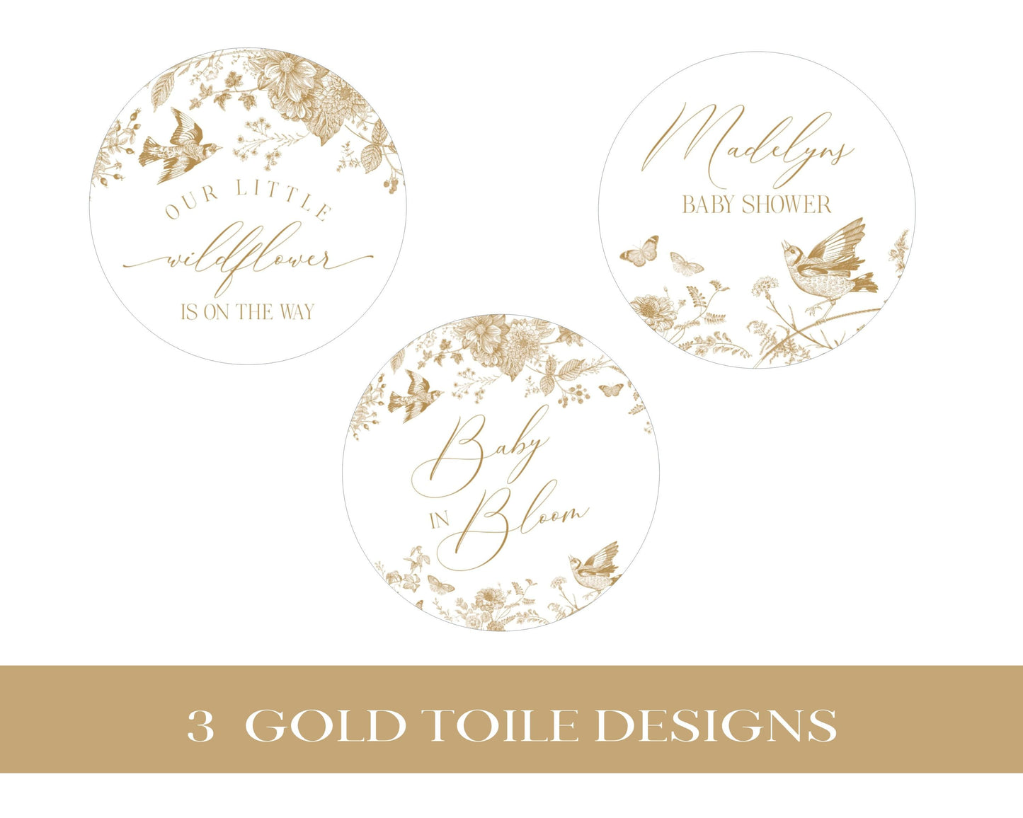 Gold Toile De Jouy Baby Shower Cupcake Toppers Printable Template, Gold Vintage Chinoiserie Baby Sprinkle Decor Ornate French Country Shower