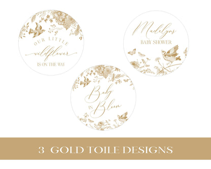 Gold Toile De Jouy Baby Shower Cupcake Toppers Printable Template, Gold Vintage Chinoiserie Baby Sprinkle Decor Ornate French Country Shower