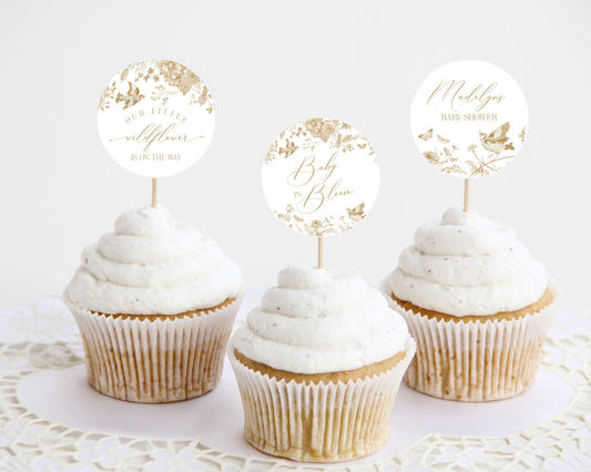 Gold Toile De Jouy Baby Shower Cupcake Toppers Printable Template, Gold Vintage Chinoiserie Baby Sprinkle Decor Ornate French Country Shower