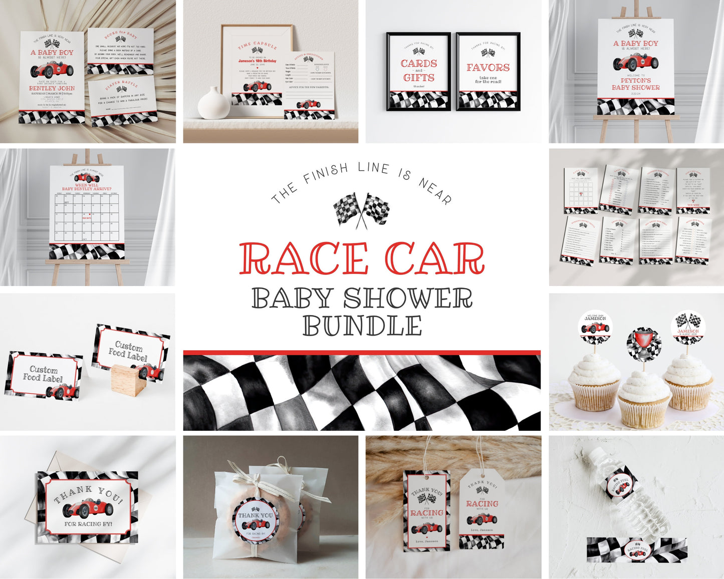 Red Race Car Baby Shower Bundle Template, digital files for baby shower for boy, printable retro vintage race car party decor, race on over