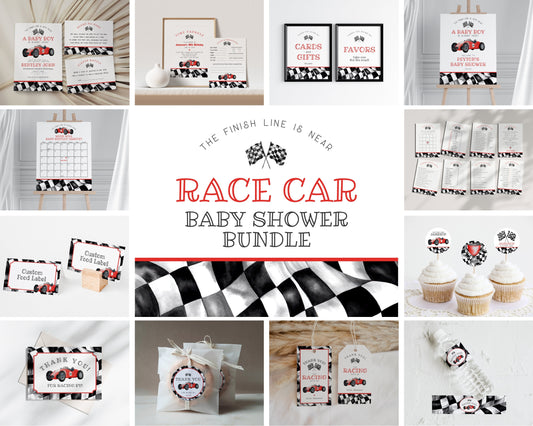 Red Race Car Baby Shower Bundle Template, digital files for baby shower for boy, printable retro vintage race car party decor, race on over