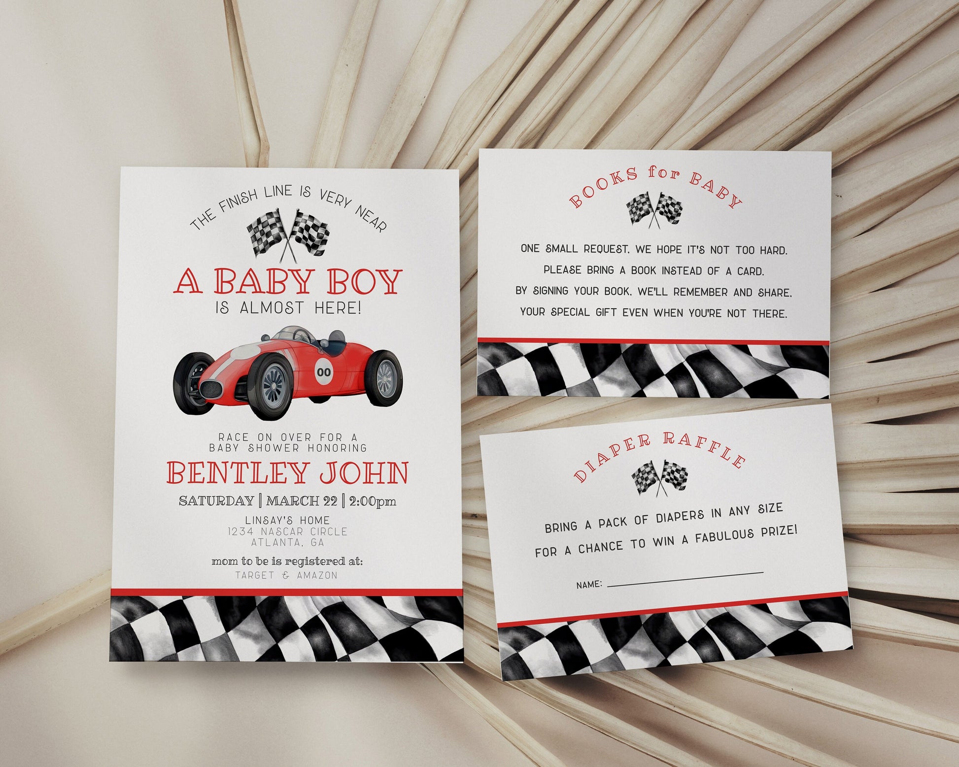 Red Race Car Baby Shower Bundle Template, digital files for baby shower for boy, printable retro vintage race car party decor, race on over