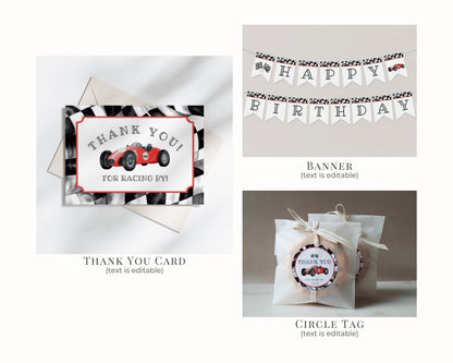 Red Race Car Second Birthday Bundle Template, two fast 2nd birthday bundle for boy, Second Lap Racing Retro Vintage Car Birthday