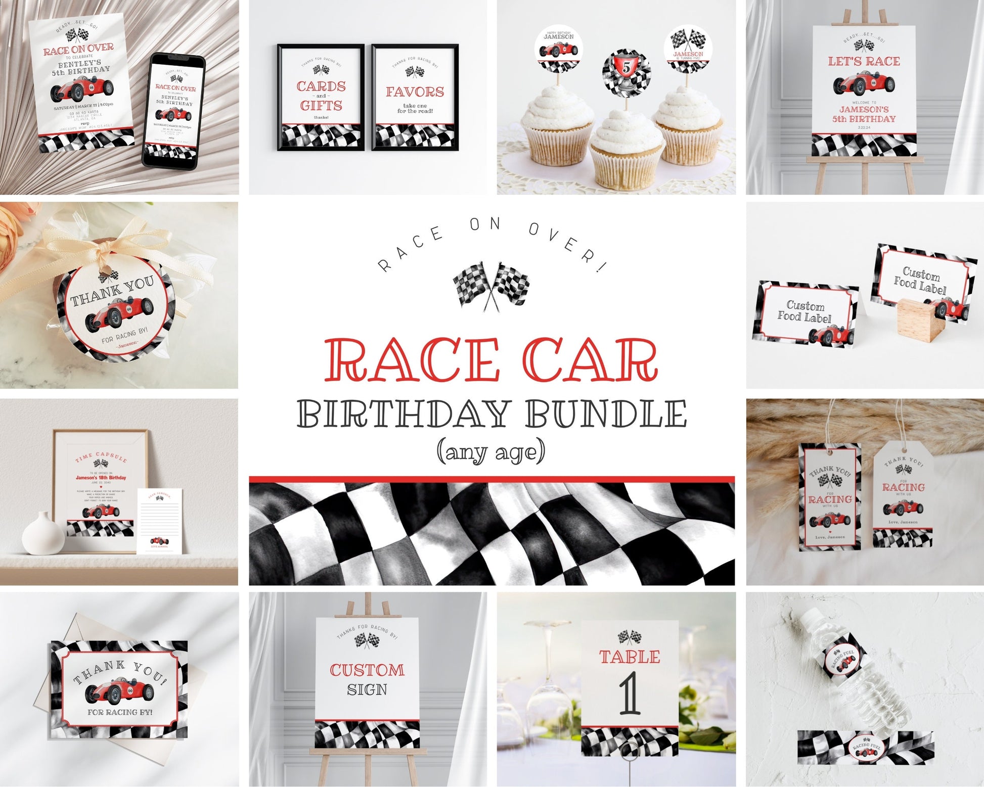 Red Race Car Birthday Bundle Template, instant download Race on over birthday bundle for boy, Editable Racing Retro Vintage Car Birthday