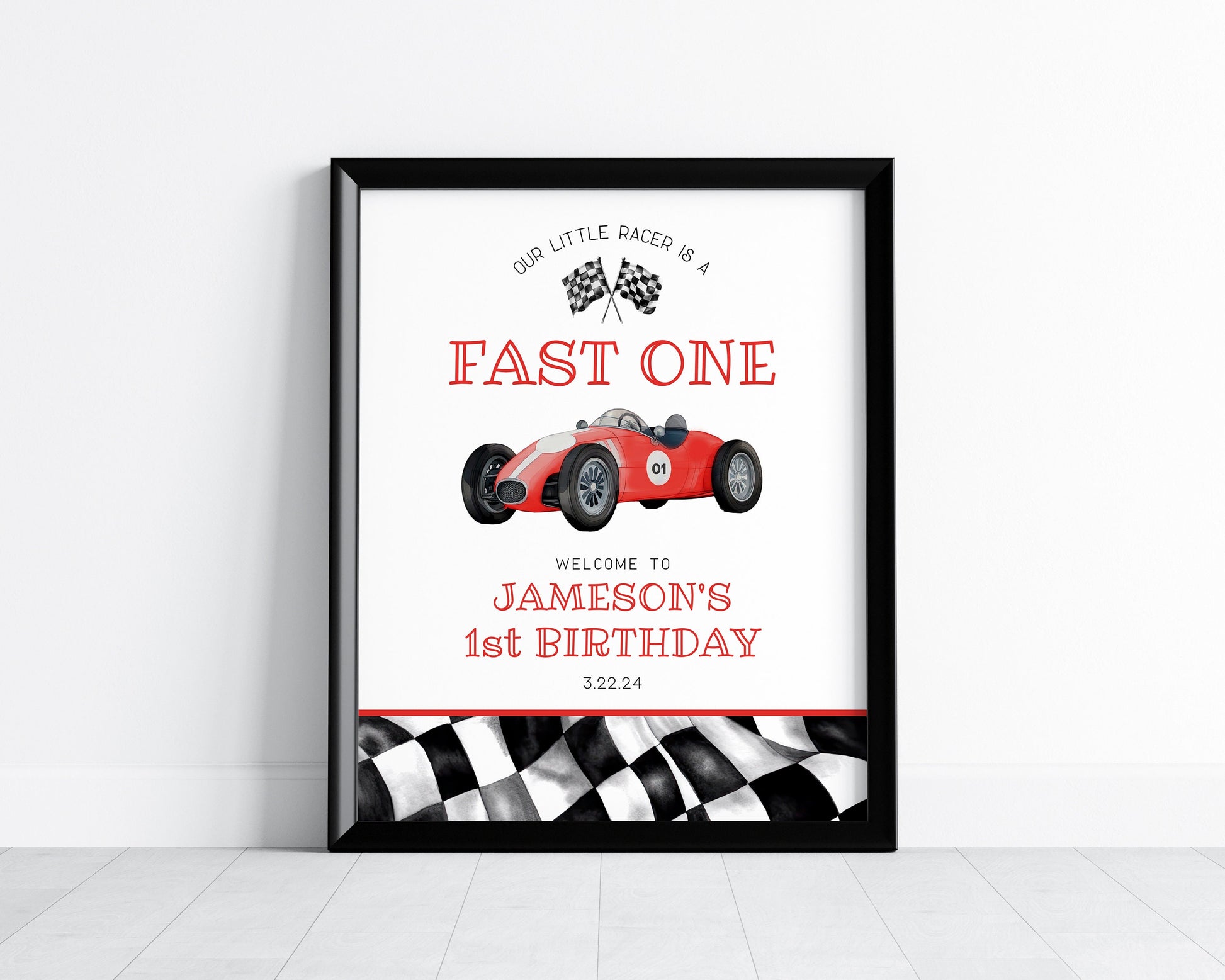 Red Race Car First Birthday Fast ONE Welcome Sign template, instant download race on over birthday party template for boy, vintage racecar