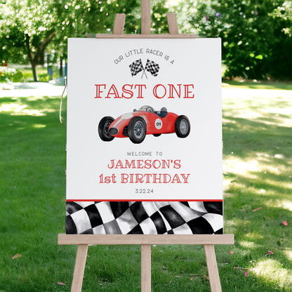 Red Race Car First Birthday Fast ONE Welcome Sign template, instant download race on over birthday party template for boy, vintage racecar