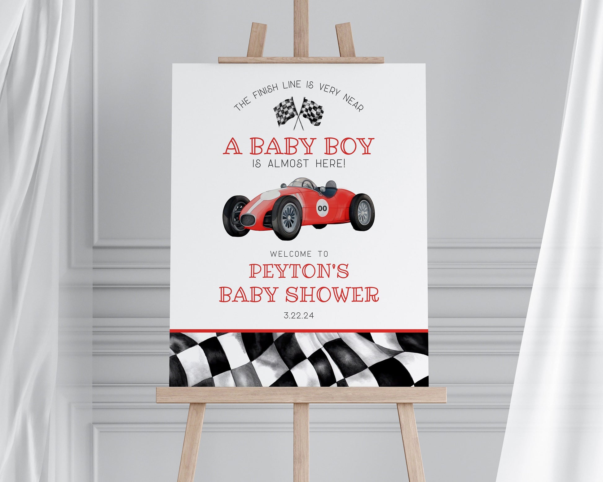 Red Race Car Baby Shower Welcome Sign Template, instant download race on over baby shower template for boy, retro vintage racecar party