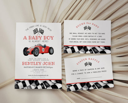 Red Race Car Baby Shower Invitation Template, instant download vintage race on over baby shower for boy,