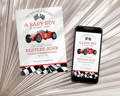 Red Race Car Baby Shower Invitation Template, instant download vintage race on over baby shower for boy,