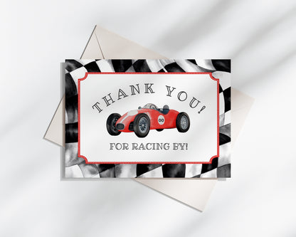 Red Race Car Thank You Card Printable, instant download birthday or baby shower for boy our little racer is a fast one, growing up two fast