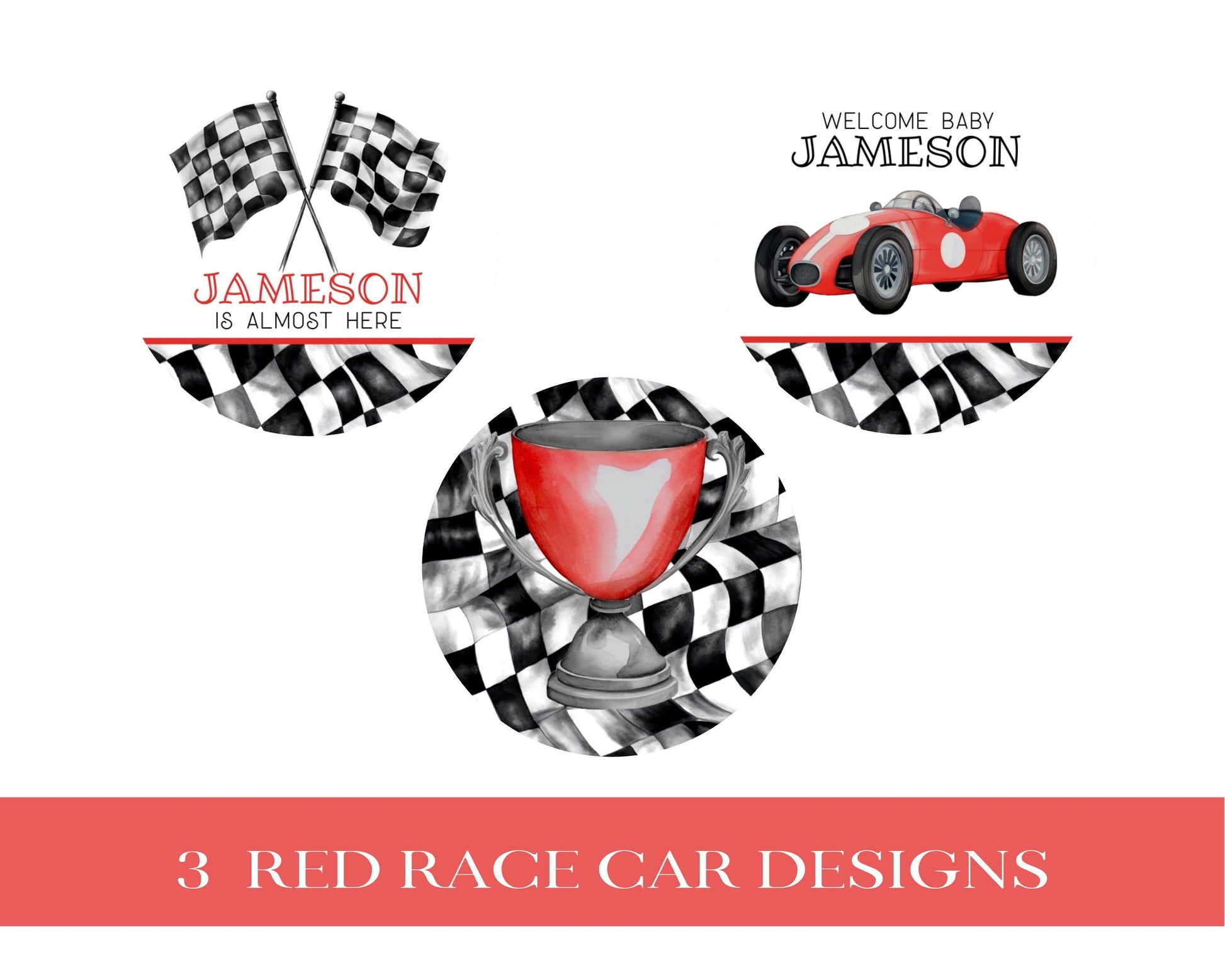 Red Race Car Our Little Racer is a Fast ONE 1st Birthday Cupcake Toppers Printable Template, race on over boy birthday instant download