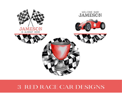 Red Race Car Our Little Racer is a Fast ONE 1st Birthday Cupcake Toppers Printable Template, race on over boy birthday instant download