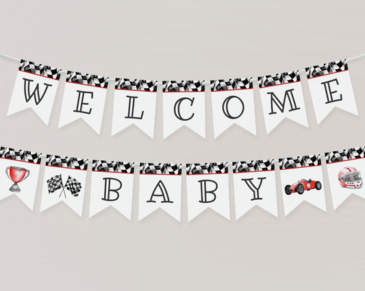 Red Race Car Baby Shower Banner Printable Template, Race on Over Birthday for Boy, Our Little Racer is on the Way, Boy Baby Shower