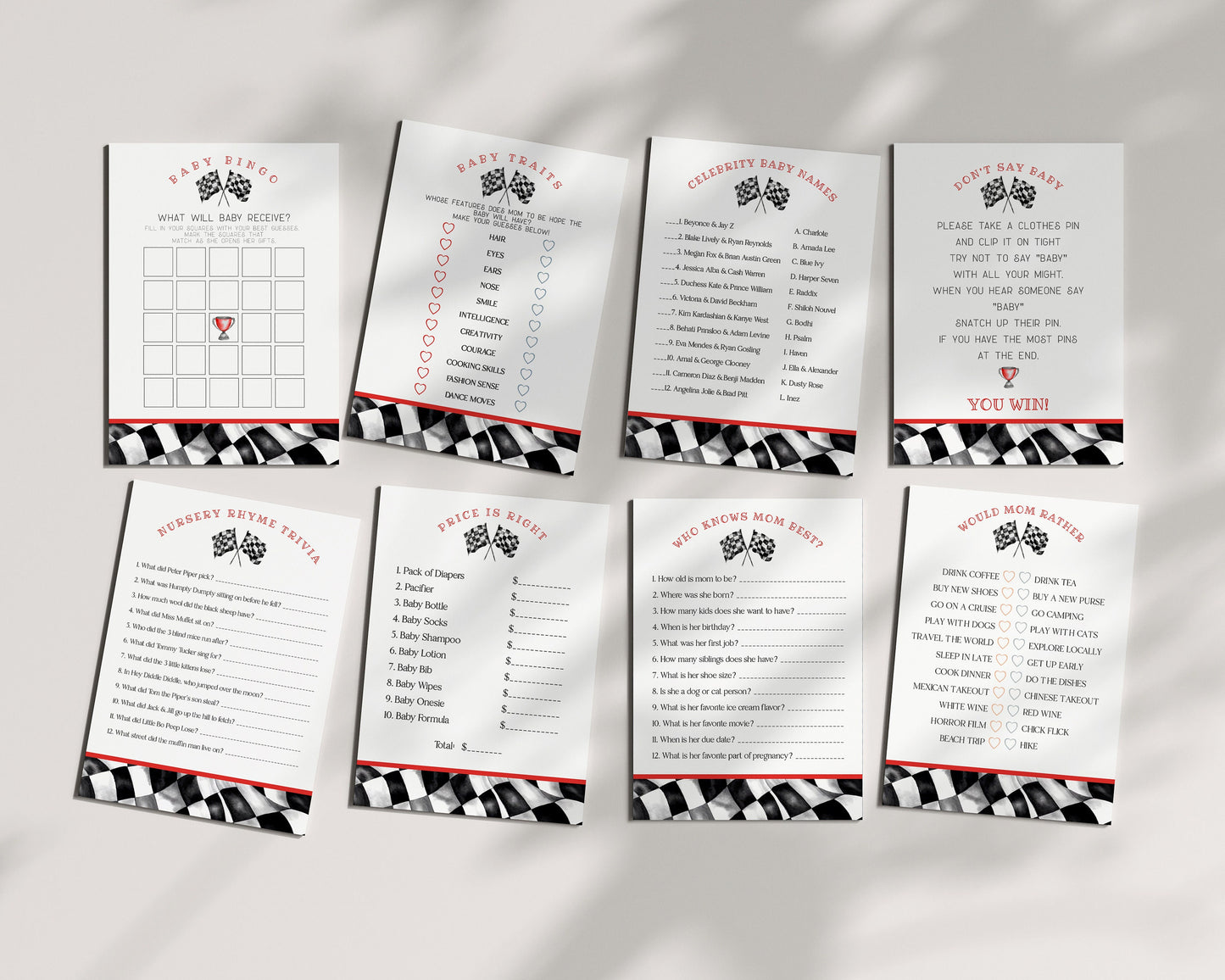 Red Race Car Baby Shower Games Bundle Instant Download, Race on Over a Little Racer is on the Way Baby Shower for Boy, Printable Template