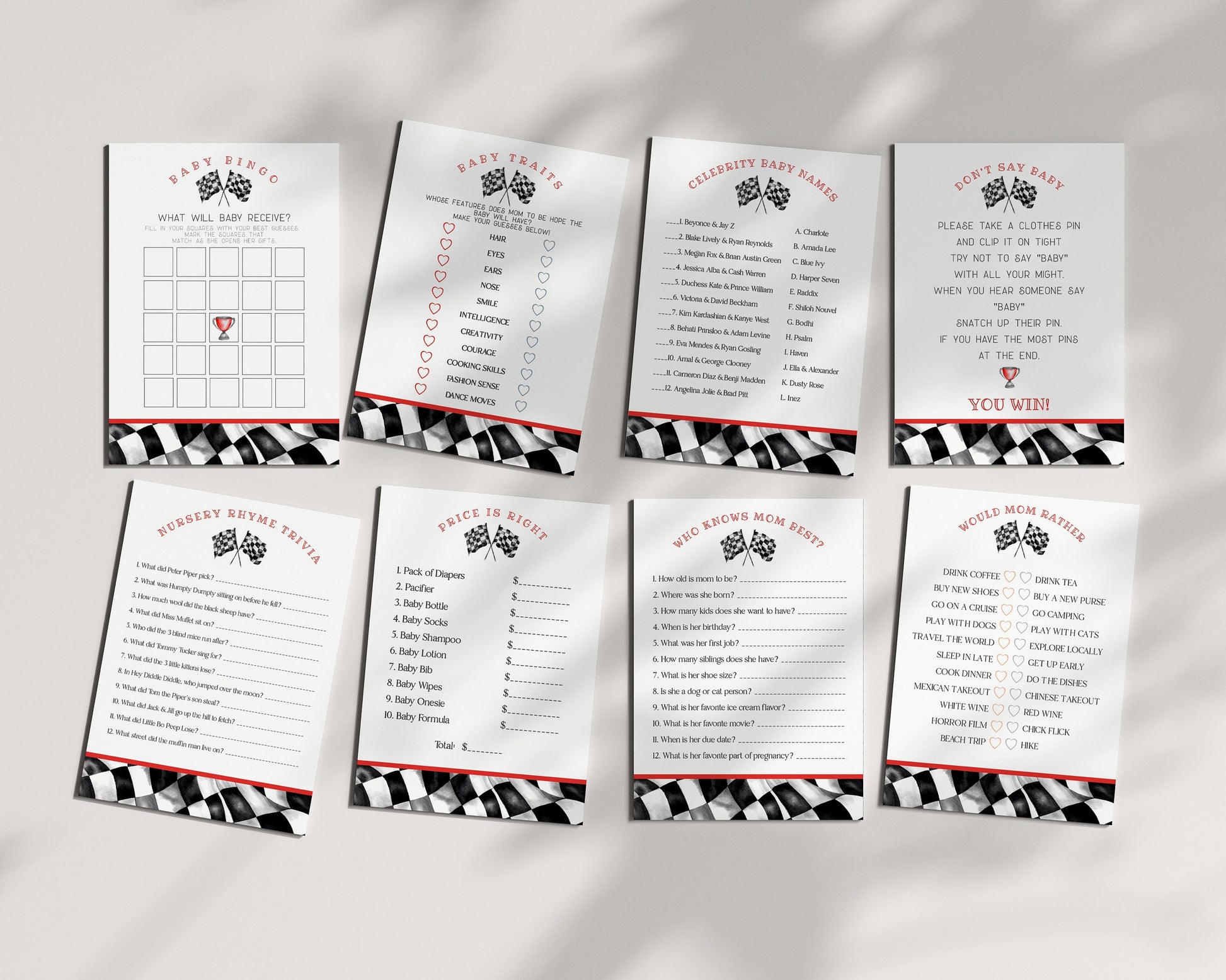 Red Race Car Baby Shower Games Bundle Instant Download, Race on Over a Little Racer is on the Way Baby Shower for Boy, Printable Template