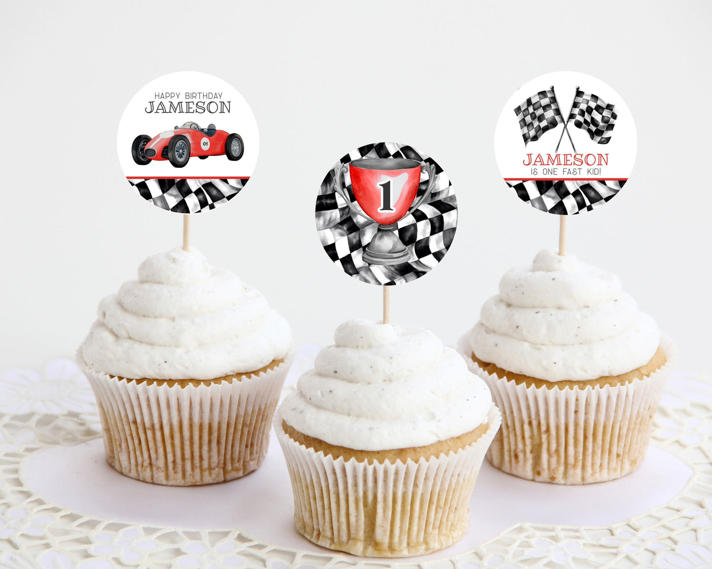 Red Race Car Our Little Racer is a Fast ONE 1st Birthday Cupcake Toppers Printable Template, race on over boy birthday instant download