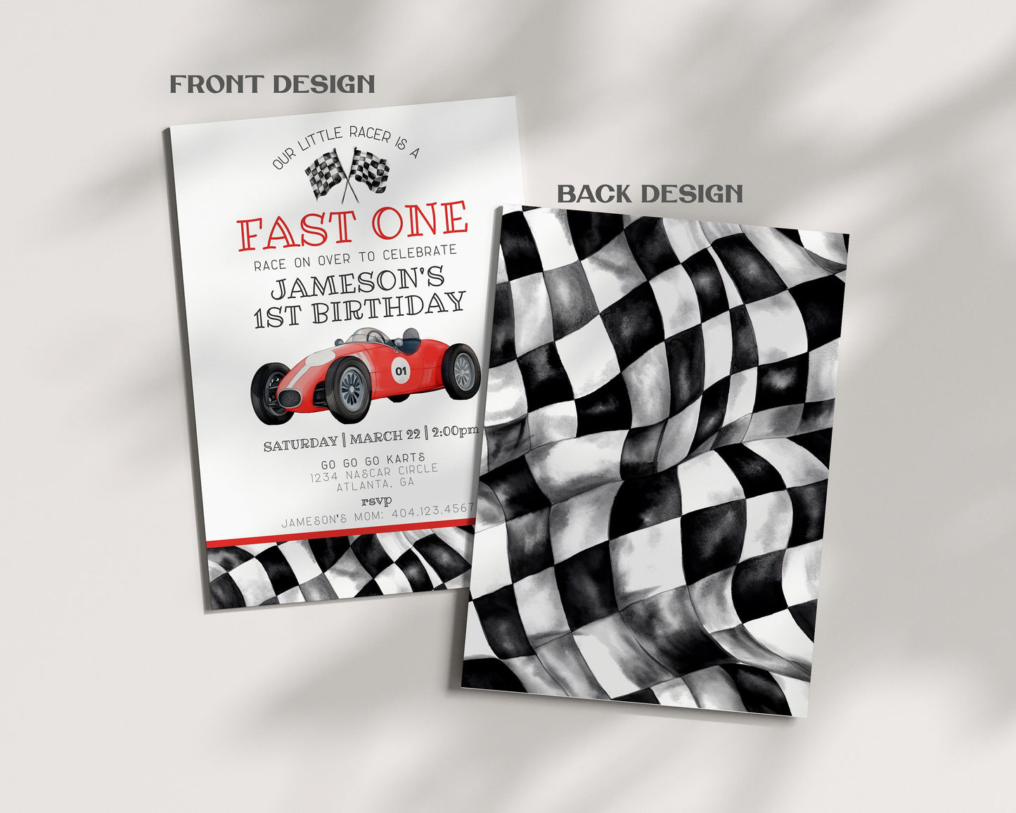 Red Race Car First Birthday Fast One Invitation Template, instant download race on over birthday for boy our little racer is a fast one