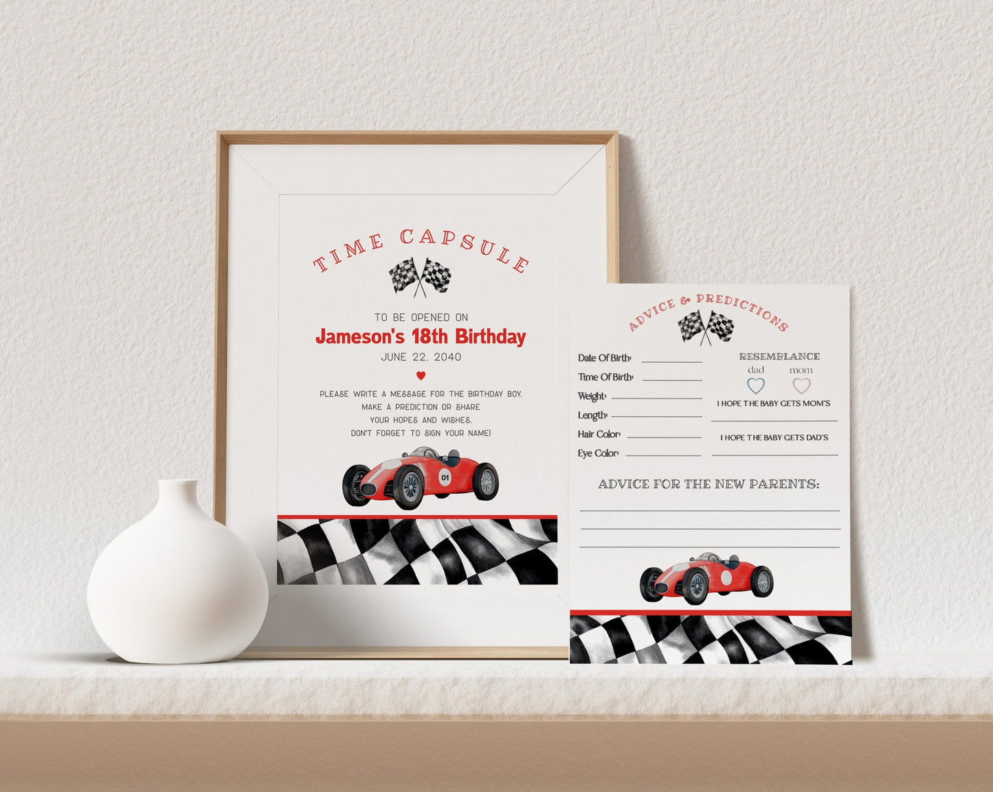 Red Race Car Advice for Baby Cards Printable Template, Little Racer is on the Way Boy Baby Shower with Red Vintage Race Car Theme