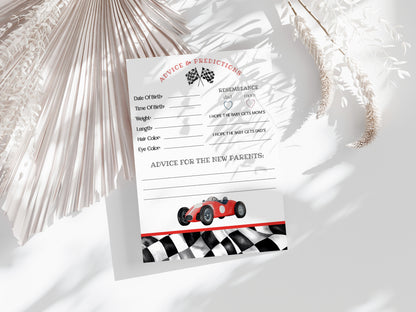 Red Race Car Advice for Baby Cards Printable Template, Little Racer is on the Way Boy Baby Shower with Red Vintage Race Car Theme