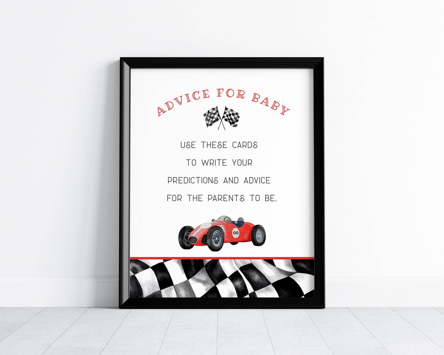 Red Race Car Advice for Baby Cards Printable Template, Little Racer is on the Way Boy Baby Shower with Red Vintage Race Car Theme