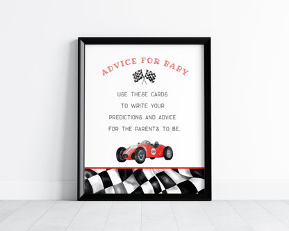 Red Race Car Advice for Baby Cards Printable Template, Little Racer is on the Way Boy Baby Shower with Red Vintage Race Car Theme