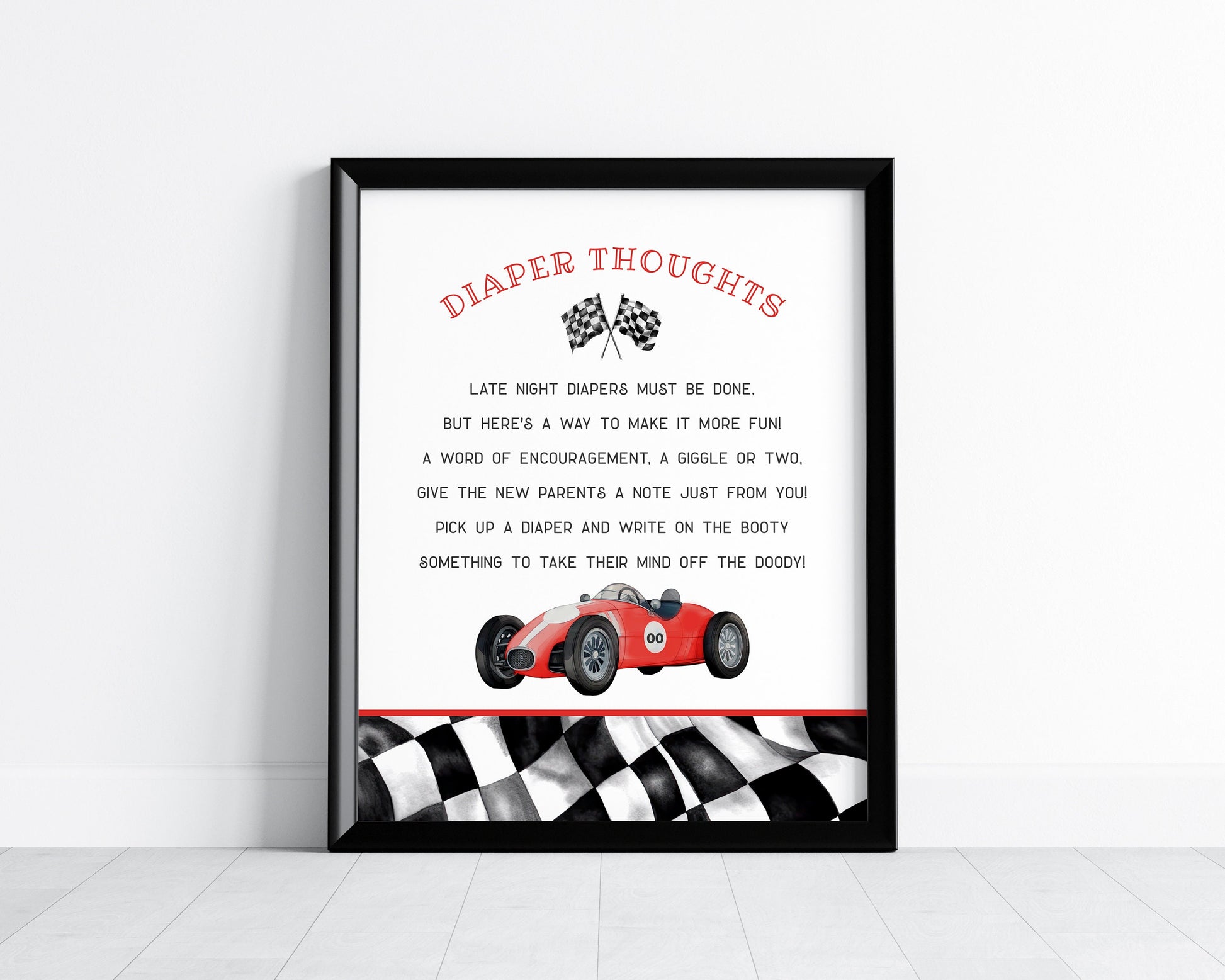 Red Race Car Baby Shower Diaper Thoughts Sign Instant Download, Little Racer is on the Way Race on Over Boy Baby Shower Printable Template