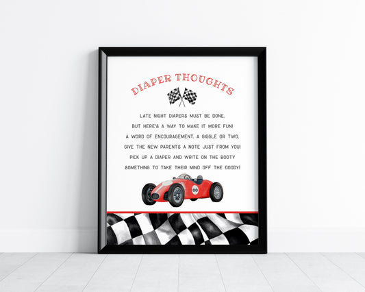 Red Race Car Baby Shower Diaper Thoughts Sign Instant Download, Little Racer is on the Way Race on Over Boy Baby Shower Printable Template