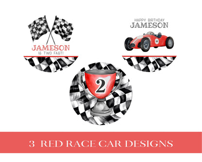 Red Race Car TWO Fast 2nd Birthday Cupcake Toppers Printable Template, race on over birthday party for boy instant download little racer