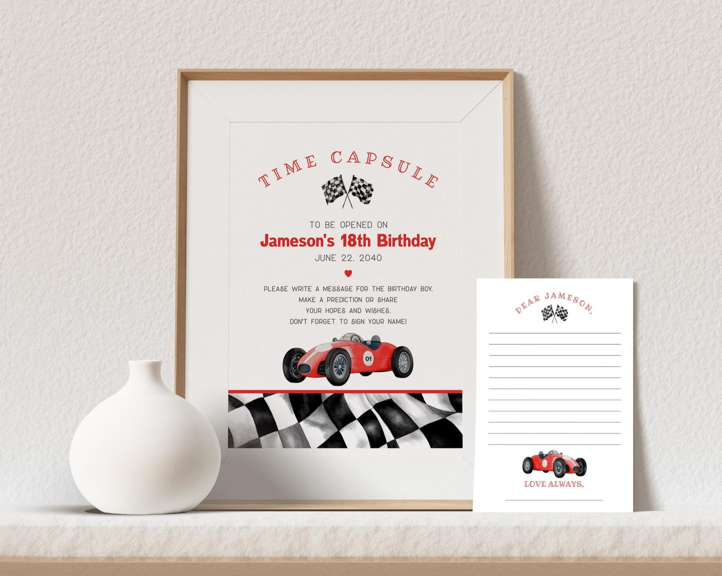 Red Race Car Time Capsule Printable Template, Race on Over Birthday Boy, Growing Up TWO Fast, Little Racer is a Fast ONE instant download