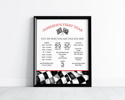 Red Race Car First Year Milestone Sign Instant Download, Little Racer is a Fast ONE First Birthday Milestone Sign Boy Birthday, Printable