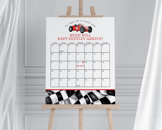 Red Race Car Baby Shower Guess the Date Game Template, instant download vintage race on over baby shower theme for boy, baby sprinkle games