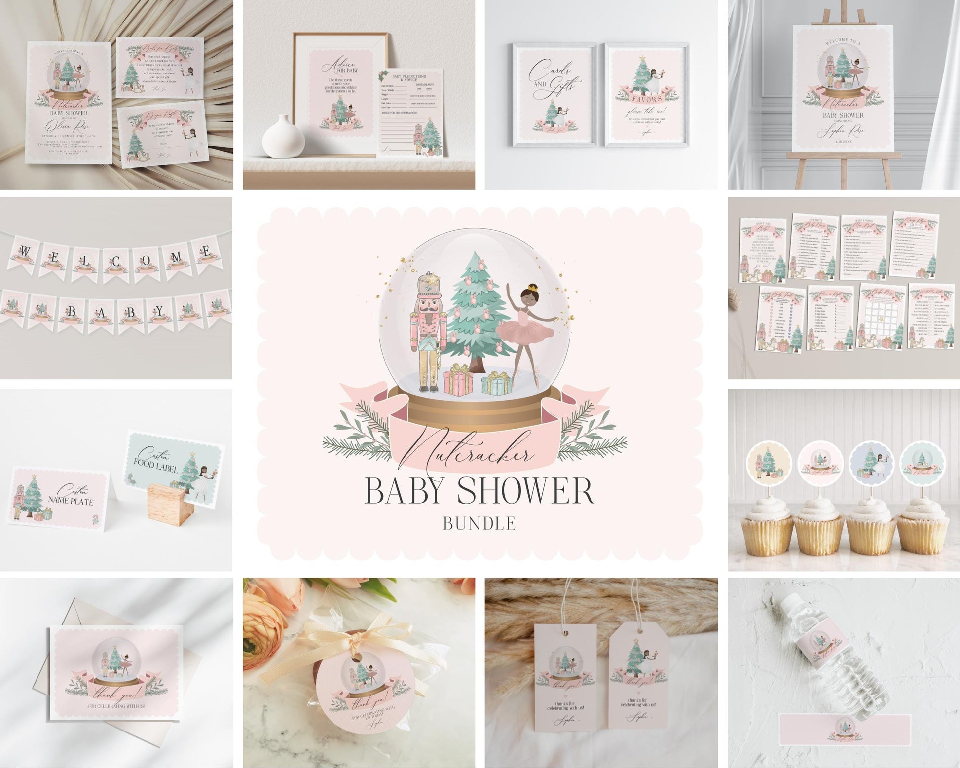 Pastel Pink Nutcracker Baby Shower Bundle Printable, instant download christmas winter wonderland ballerina baby sprinkle sugar plum holiday