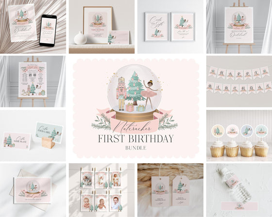 Pastel Pink Nutcracker Winter Onederland First Birthday Bundle Printable, dark skin tone ballerina Christmas birthday party girl sugar plum