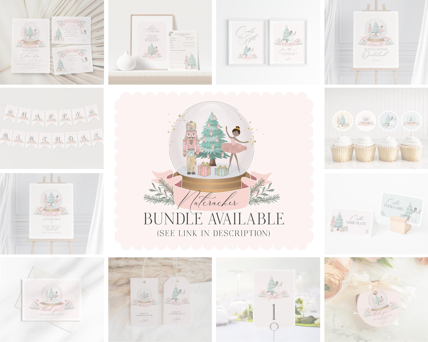 Pastel Pink Nutcracker Baby Shower Invitation Bundle Instant Download, christmas winter wonderland dark skin tone ballerina girl sugar plum