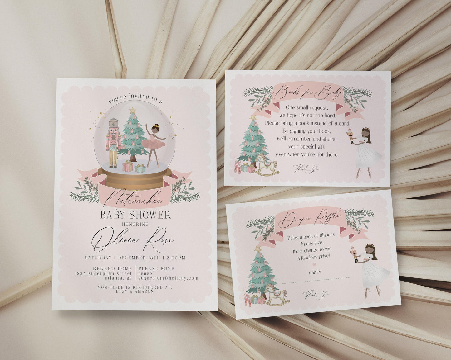 Pastel Pink Nutcracker Baby Shower Invitation Bundle Instant Download, christmas winter wonderland dark skin tone ballerina girl sugar plum