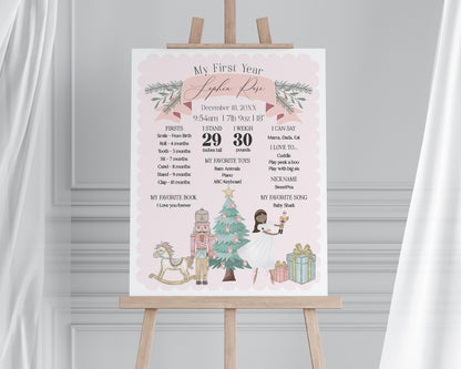 Pastel Pink Nutcracker First Year Milestone Sign Printable Template, dark skin tone ballerina, winter onederland December Christmas ballet