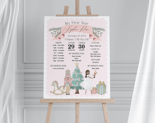 Pastel Pink Nutcracker First Year Milestone Sign Printable Template, dark skin tone ballerina, winter onederland December Christmas ballet