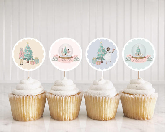 Pastel Pink Nutcracker Cupcake Toppers Printable Template, Christmas winter wonderland dark skin tone ballet cupcake topper sugar plum fairy