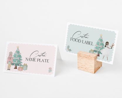 Pastel Pink Nutcracker Place Cards Printable, Girl Baby Shower or Birthday Party, dark skin tone ballerina, Christmas winter wonderland