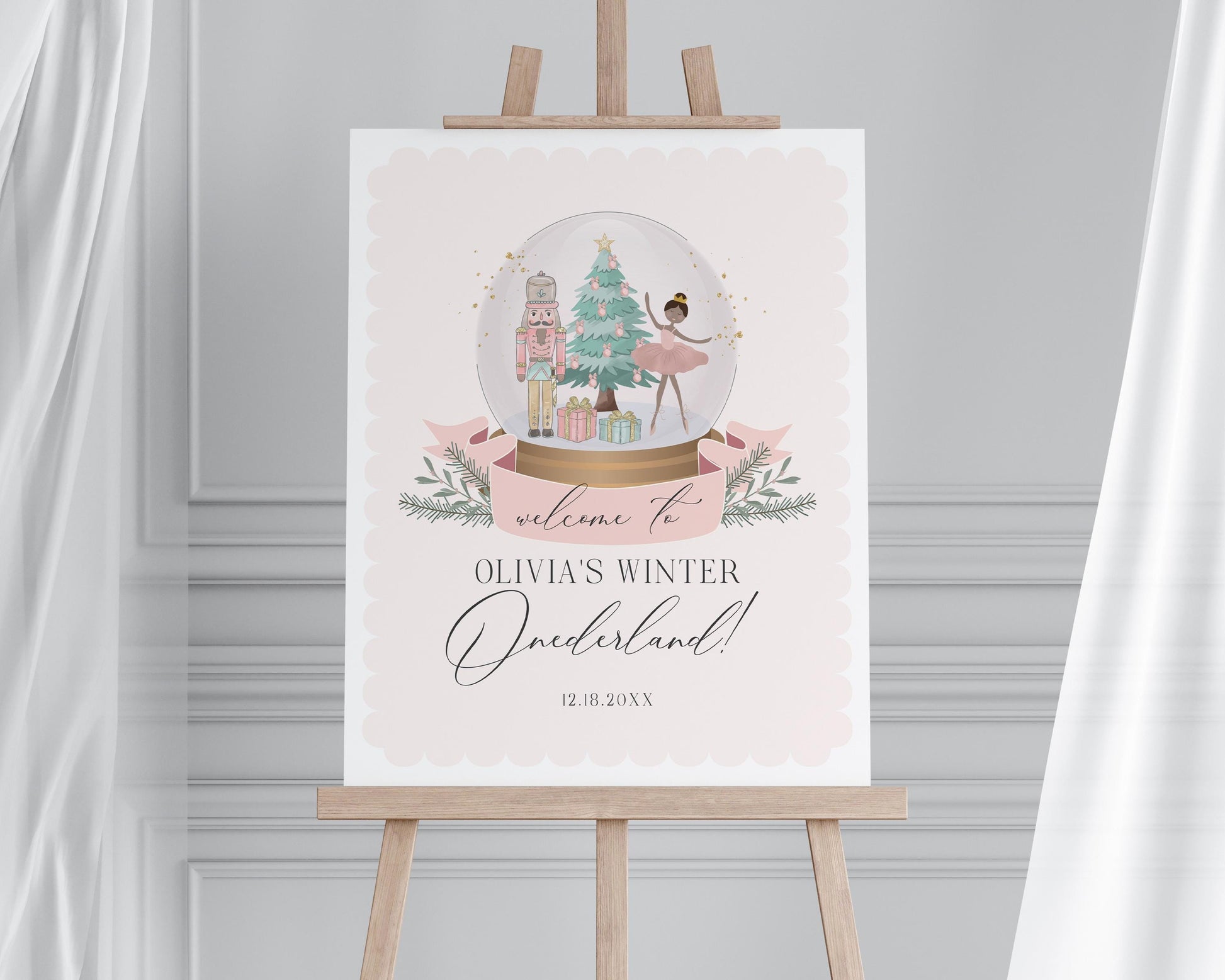 Pastel Pink Nutcracker First Birthday Welcome Sign Template, dark skin tone ballerina christmas winter onederland birthday sugar plum fairy