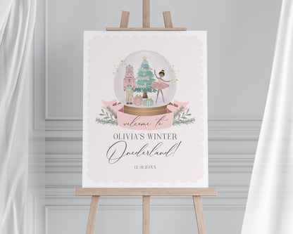 Pastel Pink Nutcracker First Birthday Welcome Sign Template, dark skin tone ballerina christmas winter onederland birthday sugar plum fairy