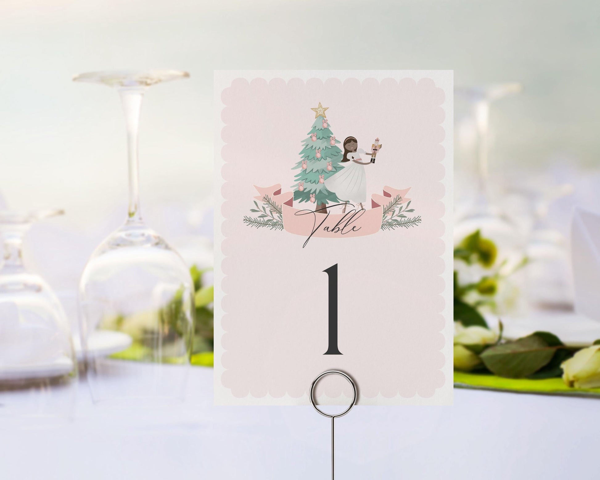 Pastel Pink Nutcracker Table Number Cards Printable Template, for baby shower or birthday party, dark skin tone ballerina winter wonderland